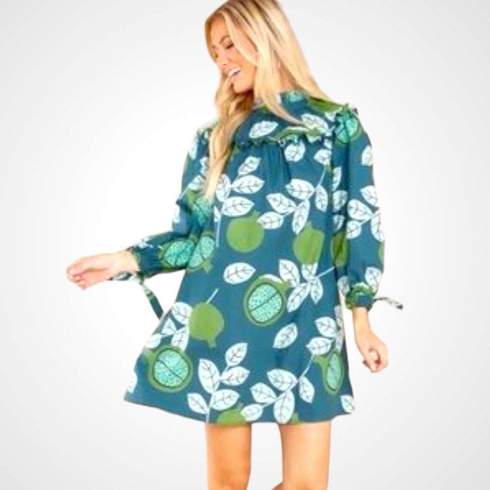 OLIVIA JAMES THE LABEL Emma Pomegranate Mini Dress Tunic Boho Green Teal Leaf